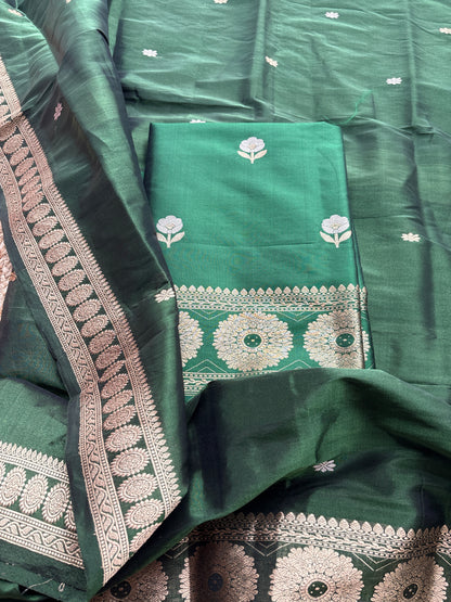 Green katan silk kurta , bottom and tissue kadhwa dupatta