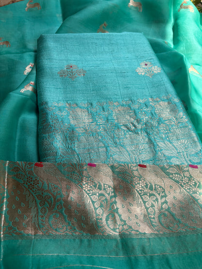 Blue raw silk Kurta, bottom , Kora silk deer motif dupatta