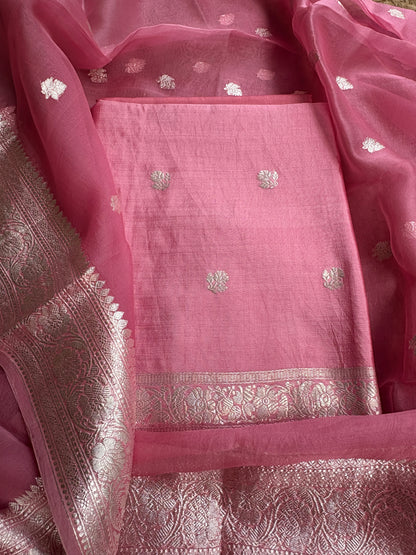 Pink silver zari Chiniya kora suit set