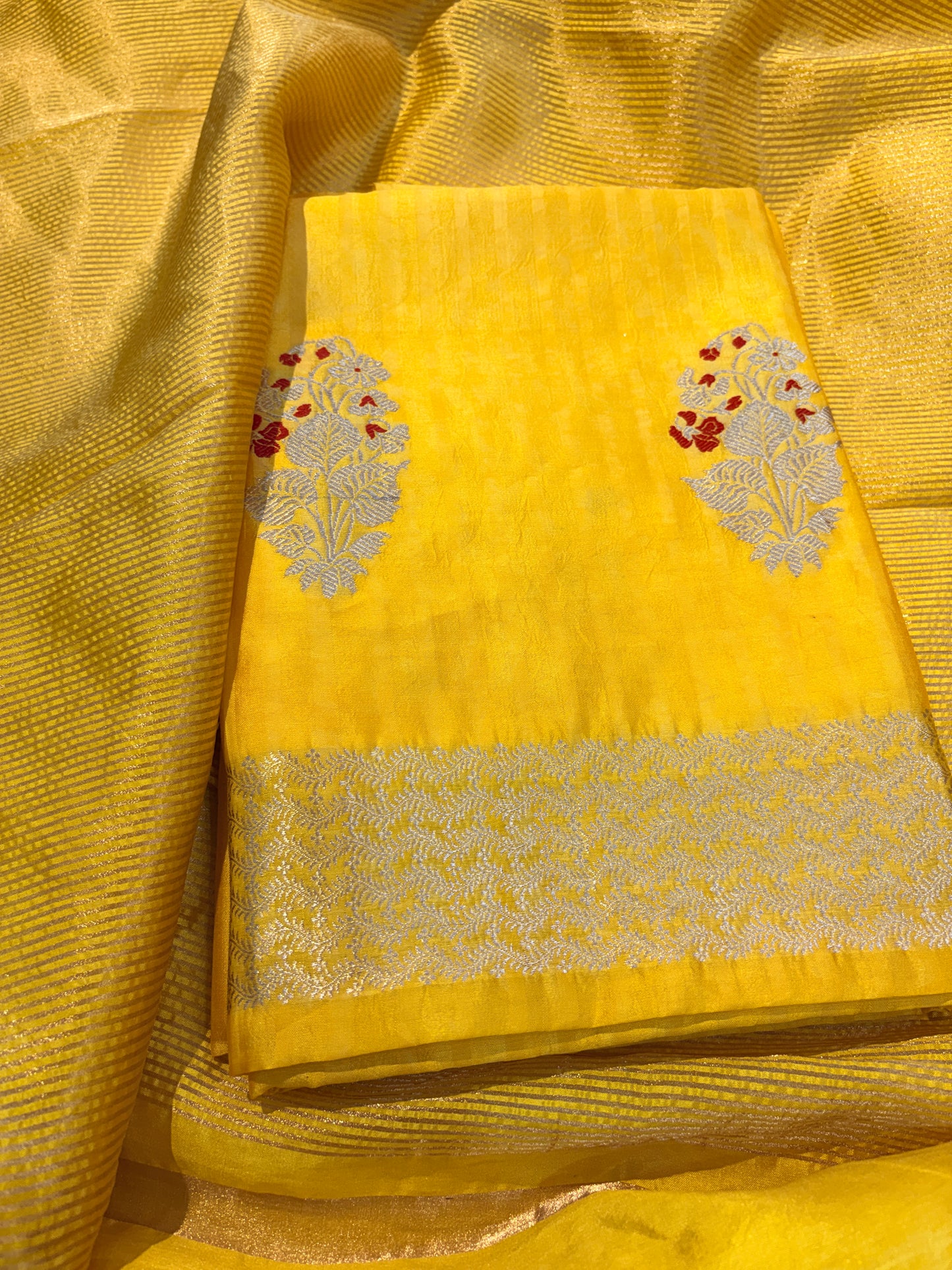 Yellow Chiniya silk kurta , bottom and tissue dupatta
