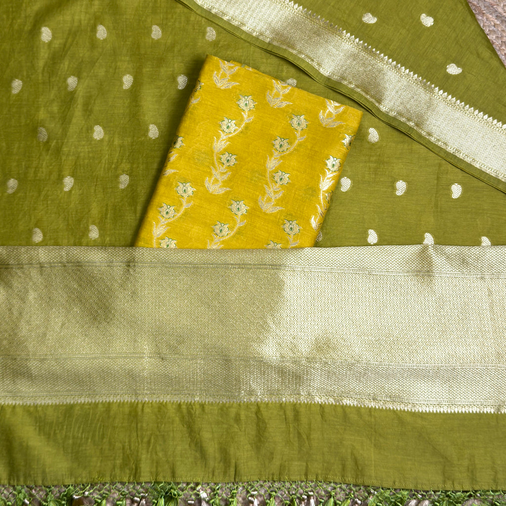 Mustard green handwoven cotton suit set