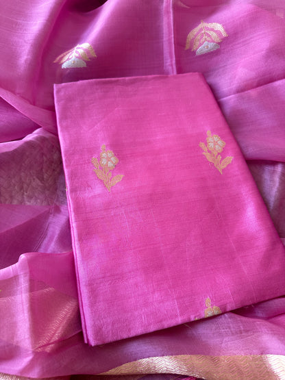 Pink chiniya silk meendar kurta, kora silk dupatta and plain bottom