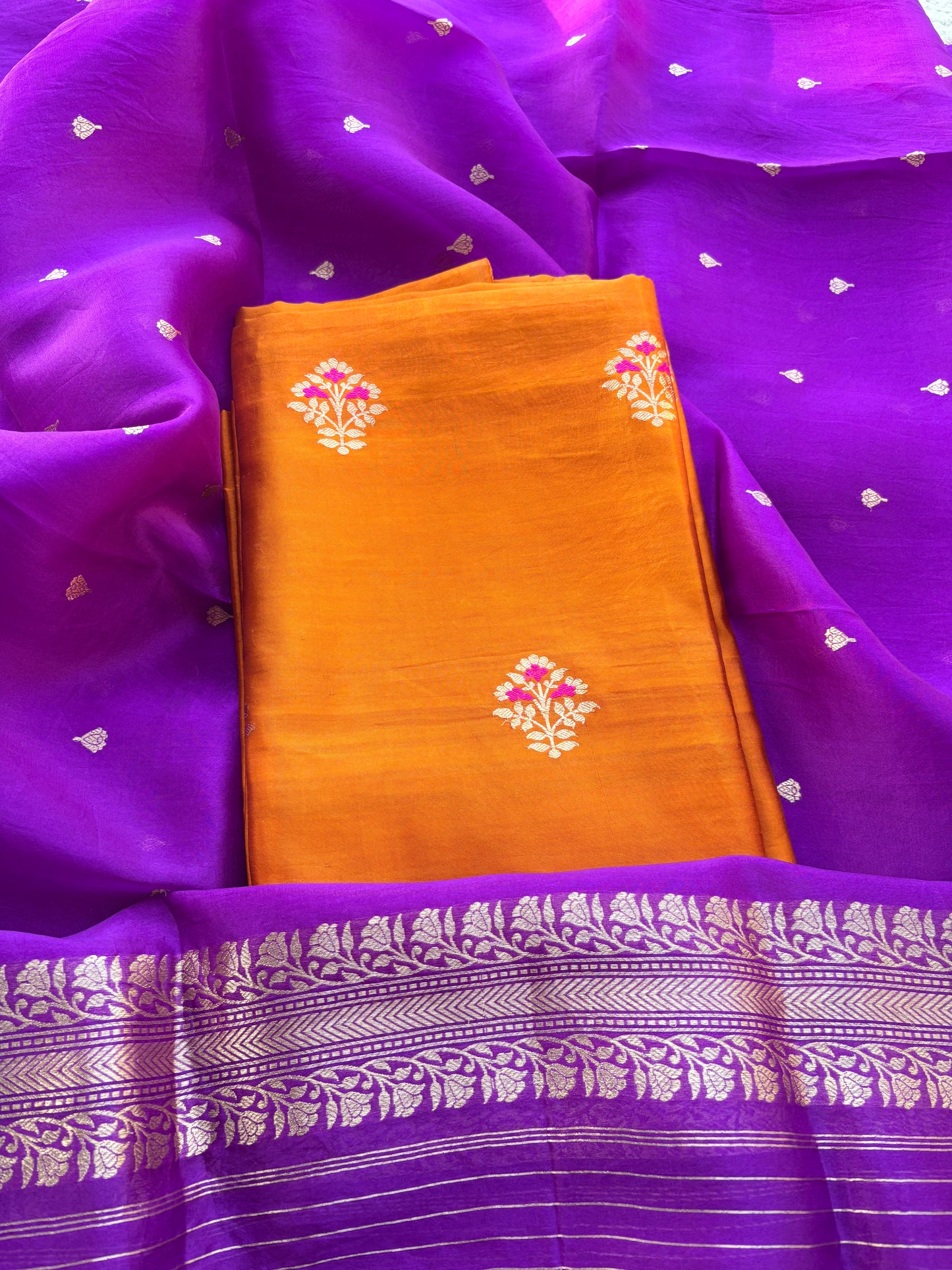 Rust orange suit with purple kora silk dupatta