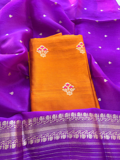 Rust orange suit with purple kora silk dupatta