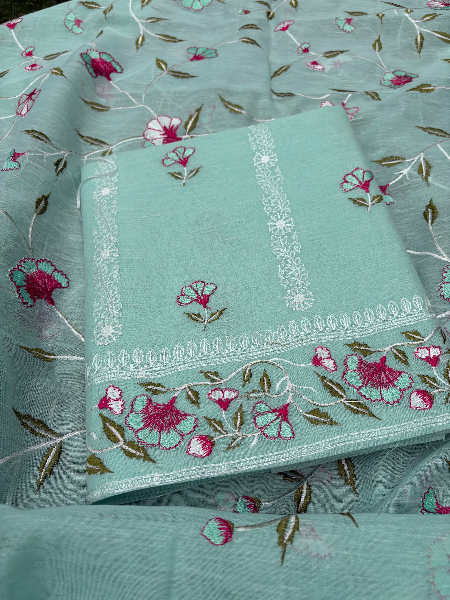 Blue linen cotton embroidered 3 piece suit set