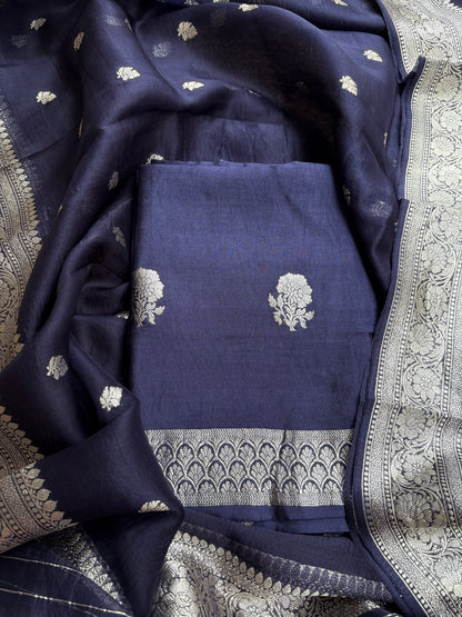 Blue Chiniya kora Chiniya  silver zari suit set