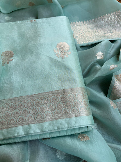 Blue silver zari Chiniya kora suit set