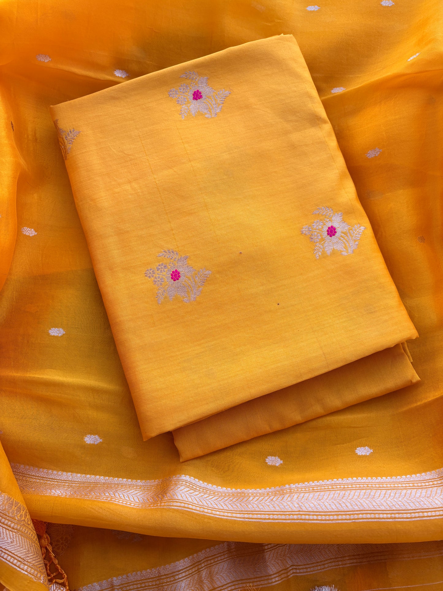 Yellow Chiniya silk meenadar kadhwa suit set