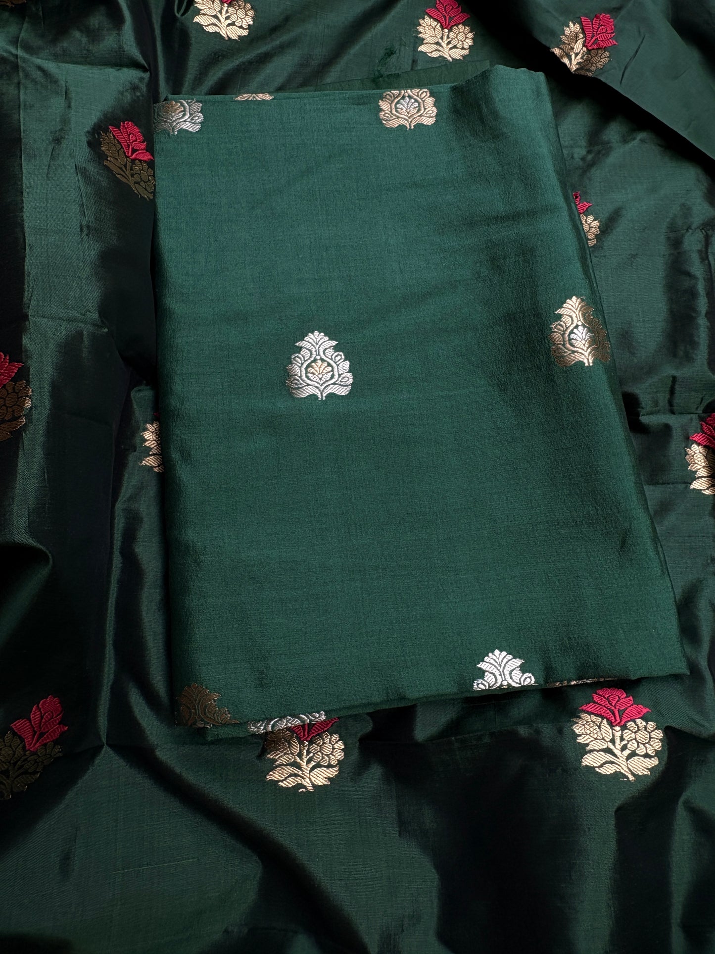 Green Chiniya silk kurta, bottom, katan silk kadhwa dupatta