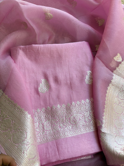 Pink Chiniya kora silver zari suit set