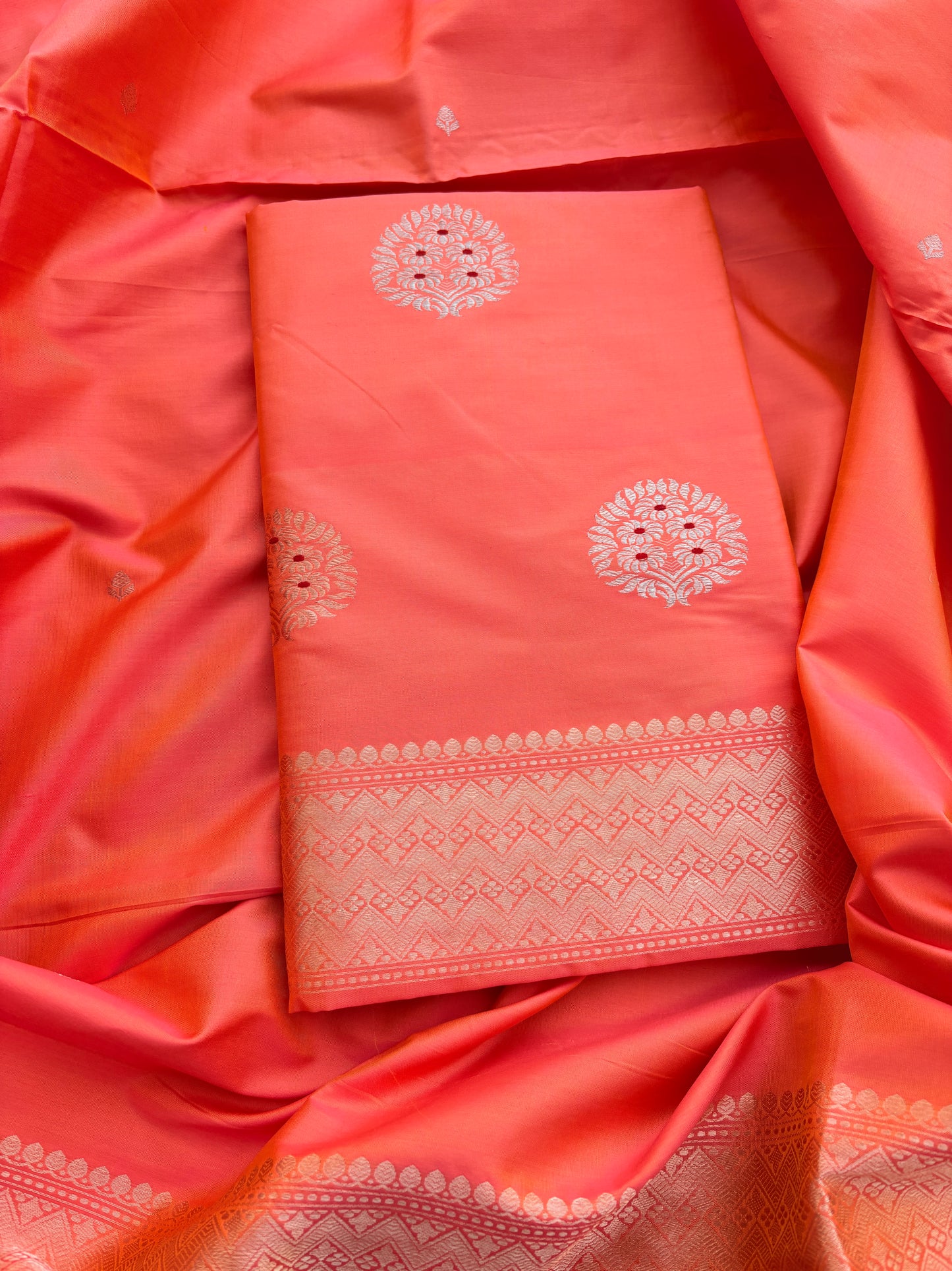 Peach katan by katan silk kadhwa suit set