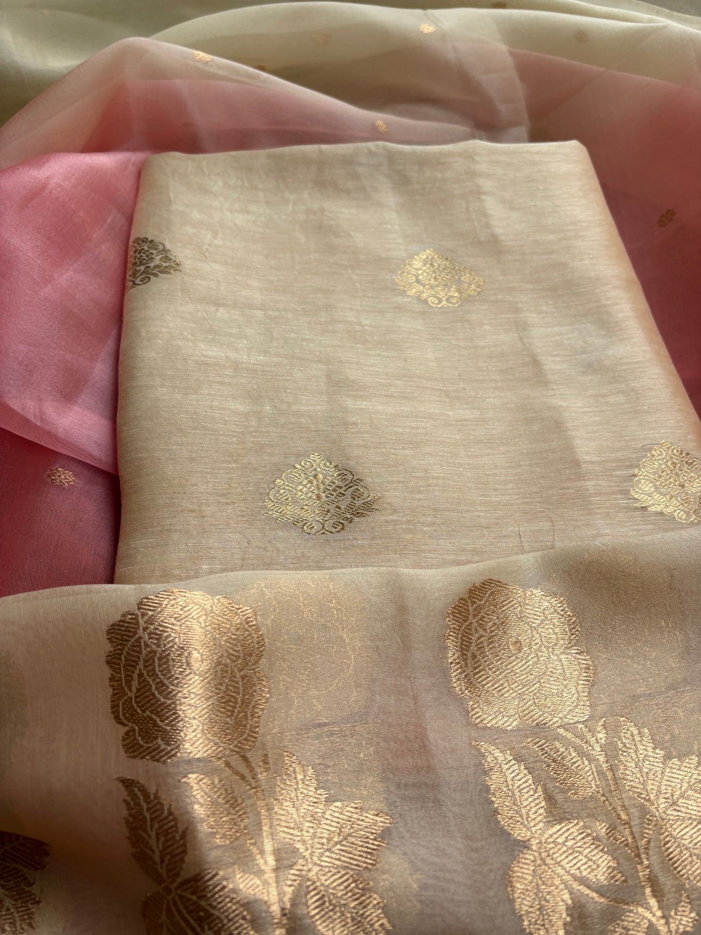 Beige linen silk kurta with kora silk dupatta