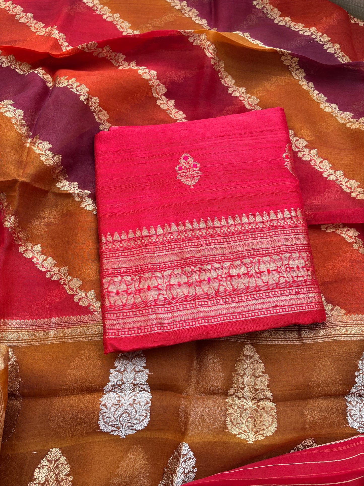 Red raw silk suit set with kora rangkat dupatta