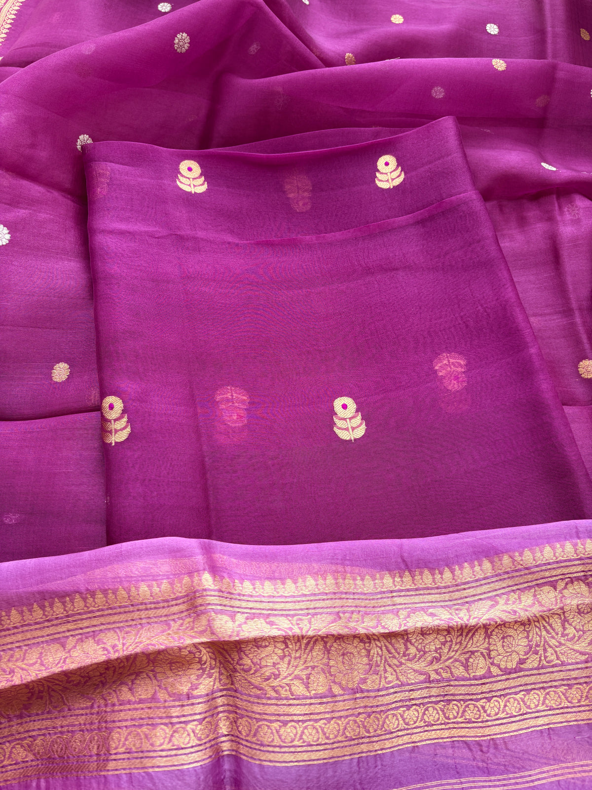 Purple lavender kora silk suit set with shaded dupatta