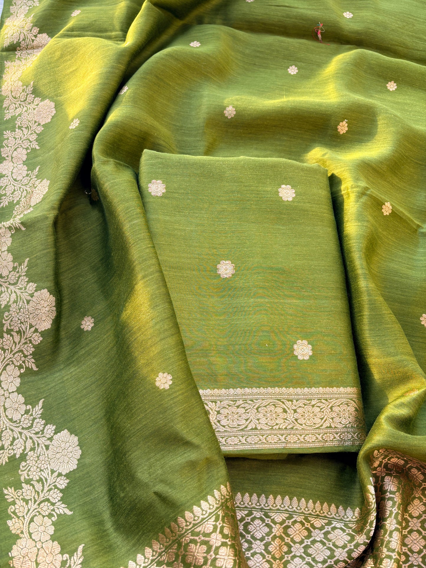 Green moonga silk kadhwa suit set