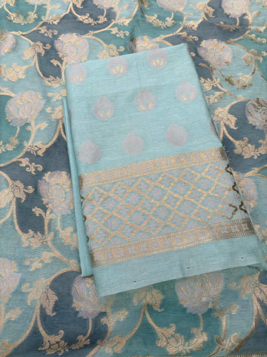 Blue Chanderi cotton 3 piece suit sey