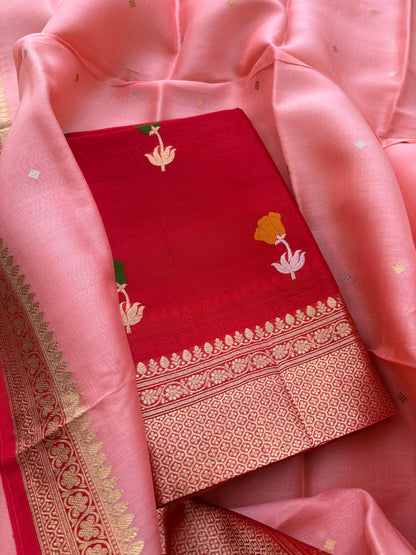 Red kora silk suit set with shaded pink dupatta