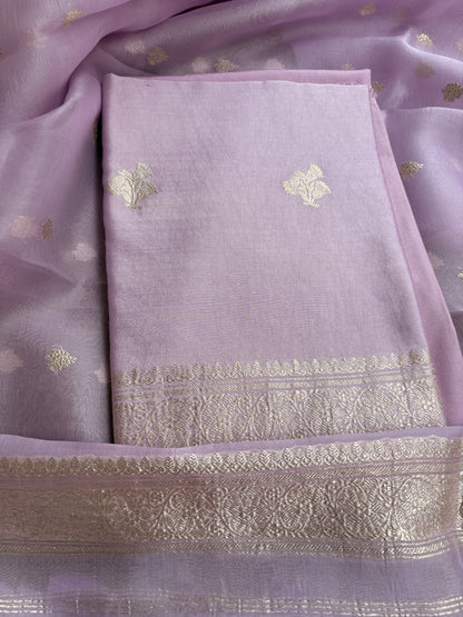 Lavender Chiniya silk silver zari 3 piece suit set