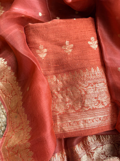 Rust raw silk kurta, bottom and kora kadhwa dupatta