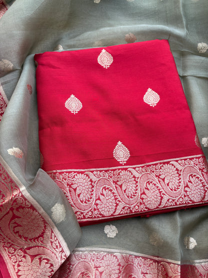 Red Chiniya silk kadhwa shaded dupatta
