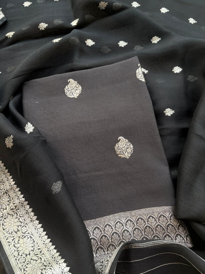 Black Chiniya silk pure silver zari suit set