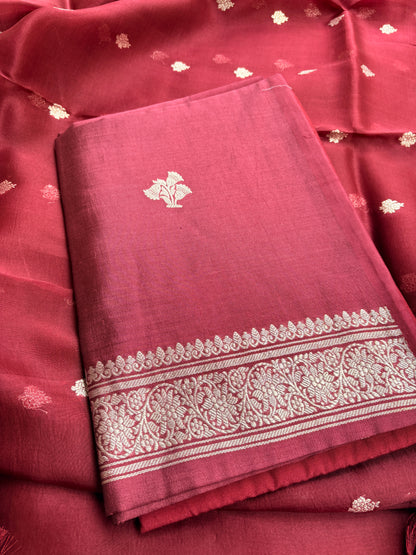 Maroon Chiniya Silk silver zari 3 piece suit set