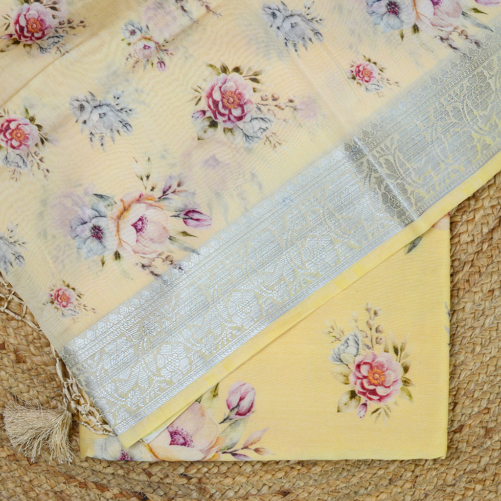 Yellow Chanderi silk printed suit set