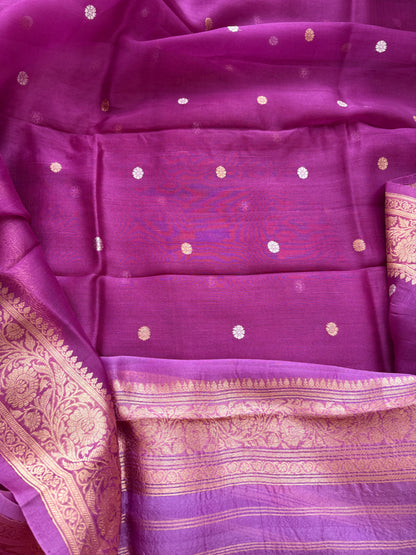 Purple lavender kora silk suit set with shaded dupatta