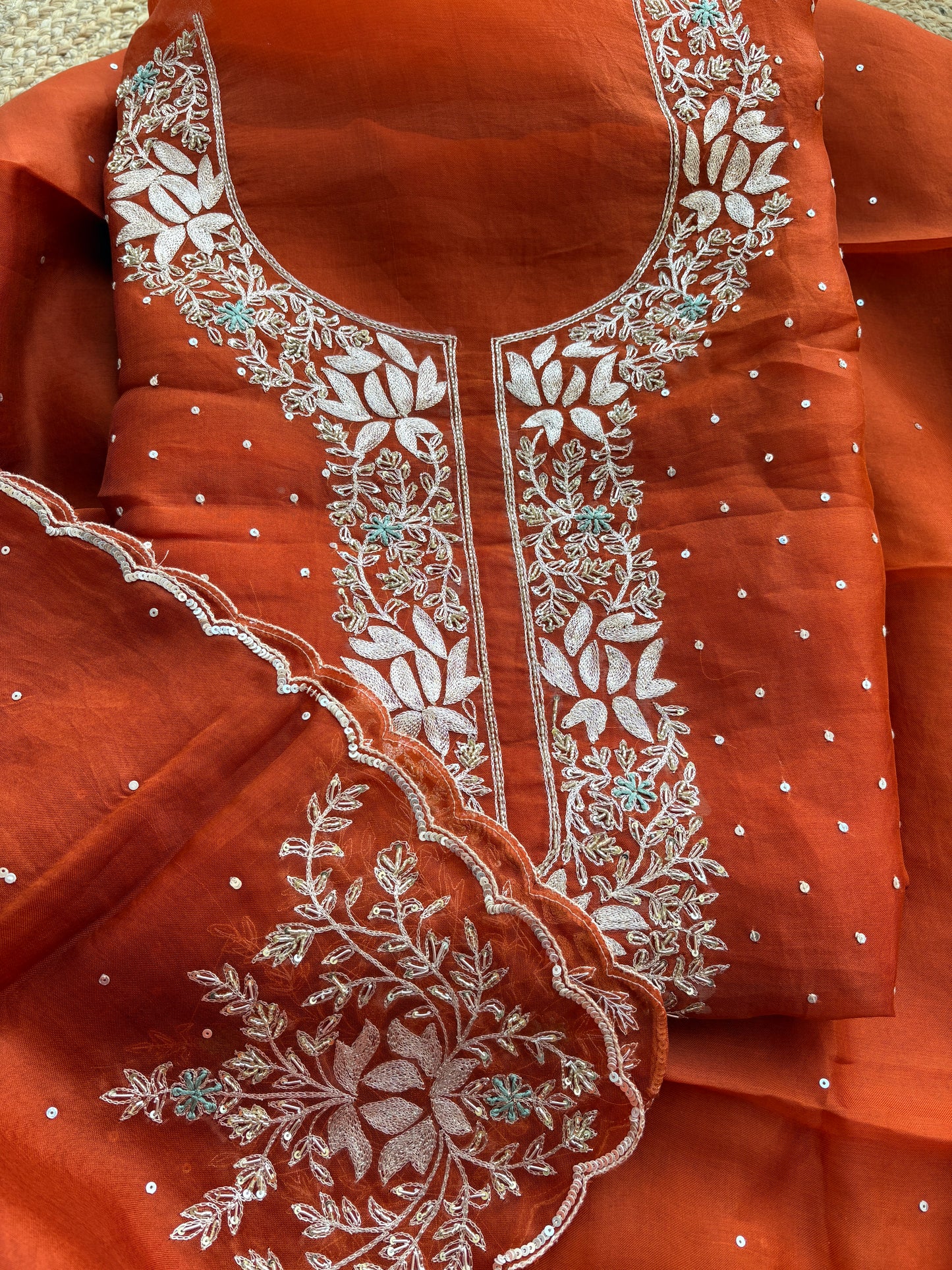 Rust kora silk hand embroidery suit set