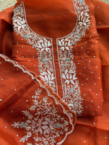 Rust kora silk hand embroidery suit set