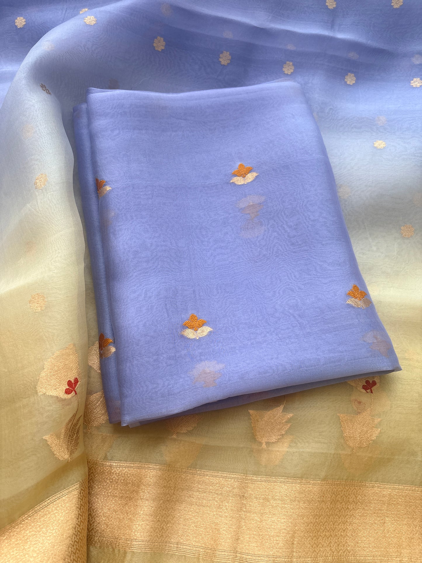 Lavender kora silk suit with yellow shaded dupatta