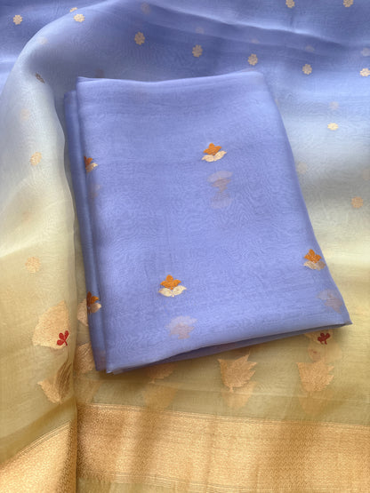 Lavender kora silk suit with yellow shaded dupatta