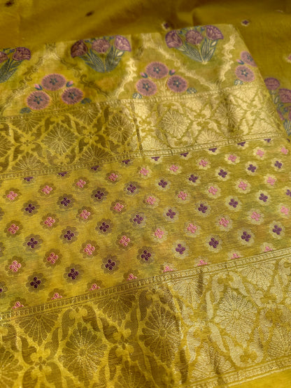 Yellow chanderi full Jaal weaving 3 piece suit.