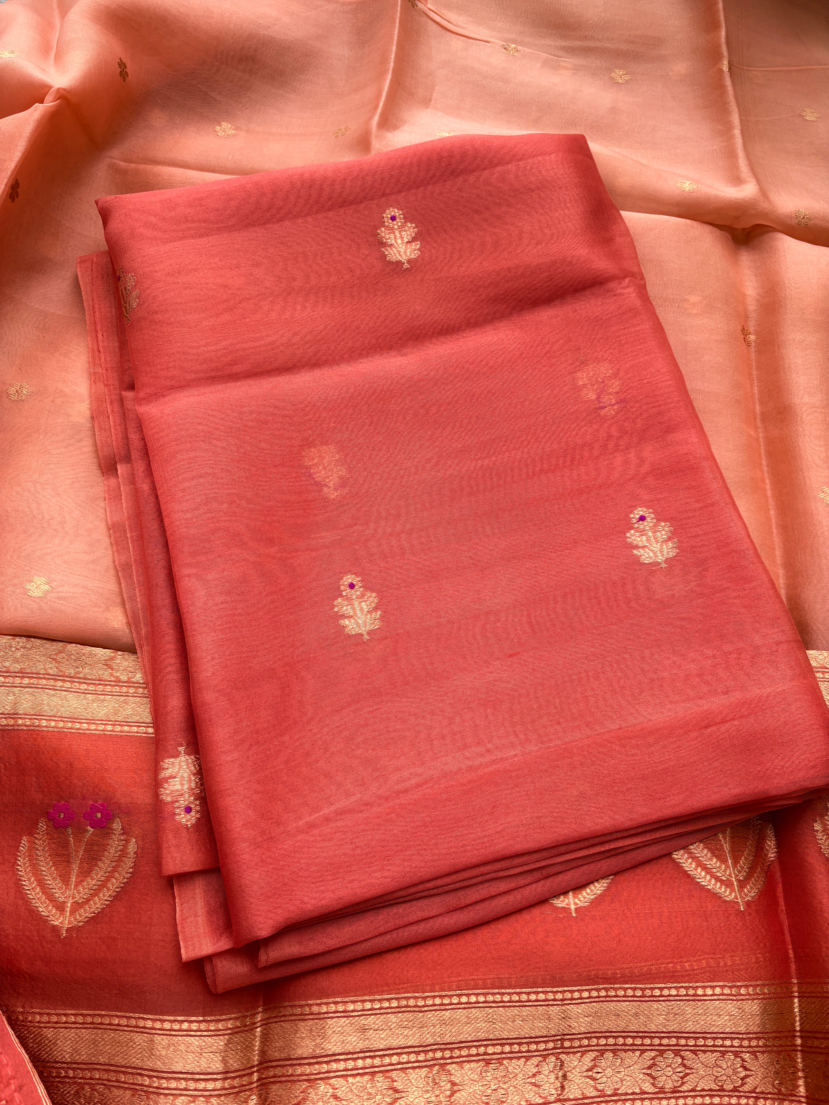 Peach orange kora silk suit set with shaded dupatta
