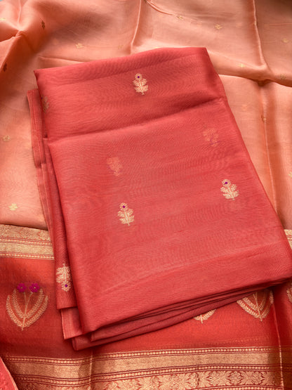 Peach orange kora silk suit set with shaded dupatta