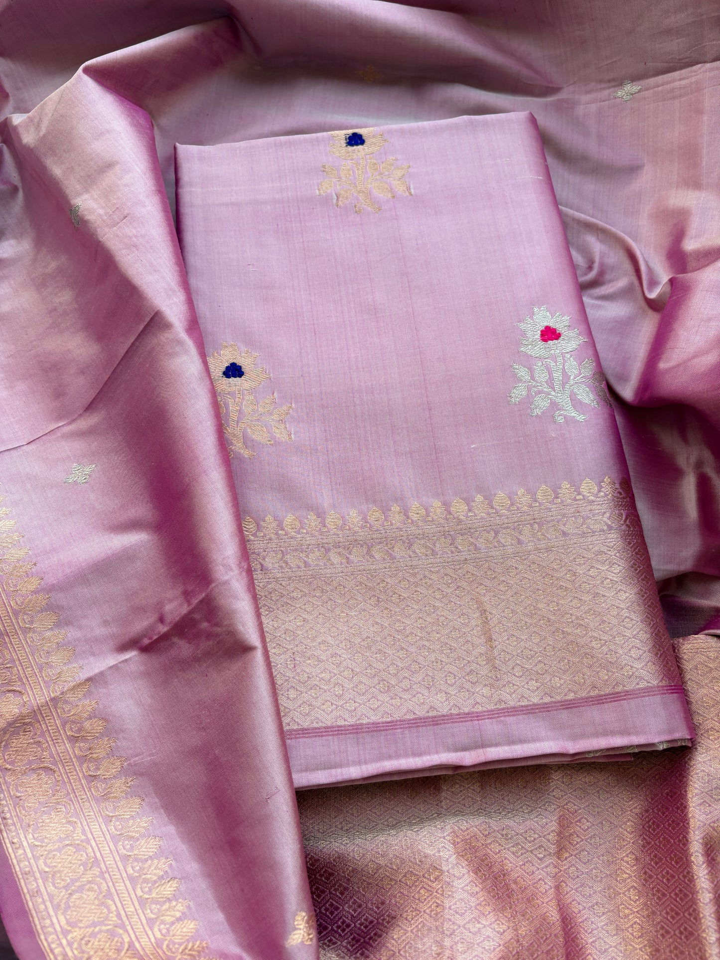 Pink lavender katan by katan silk kadhwa suit set