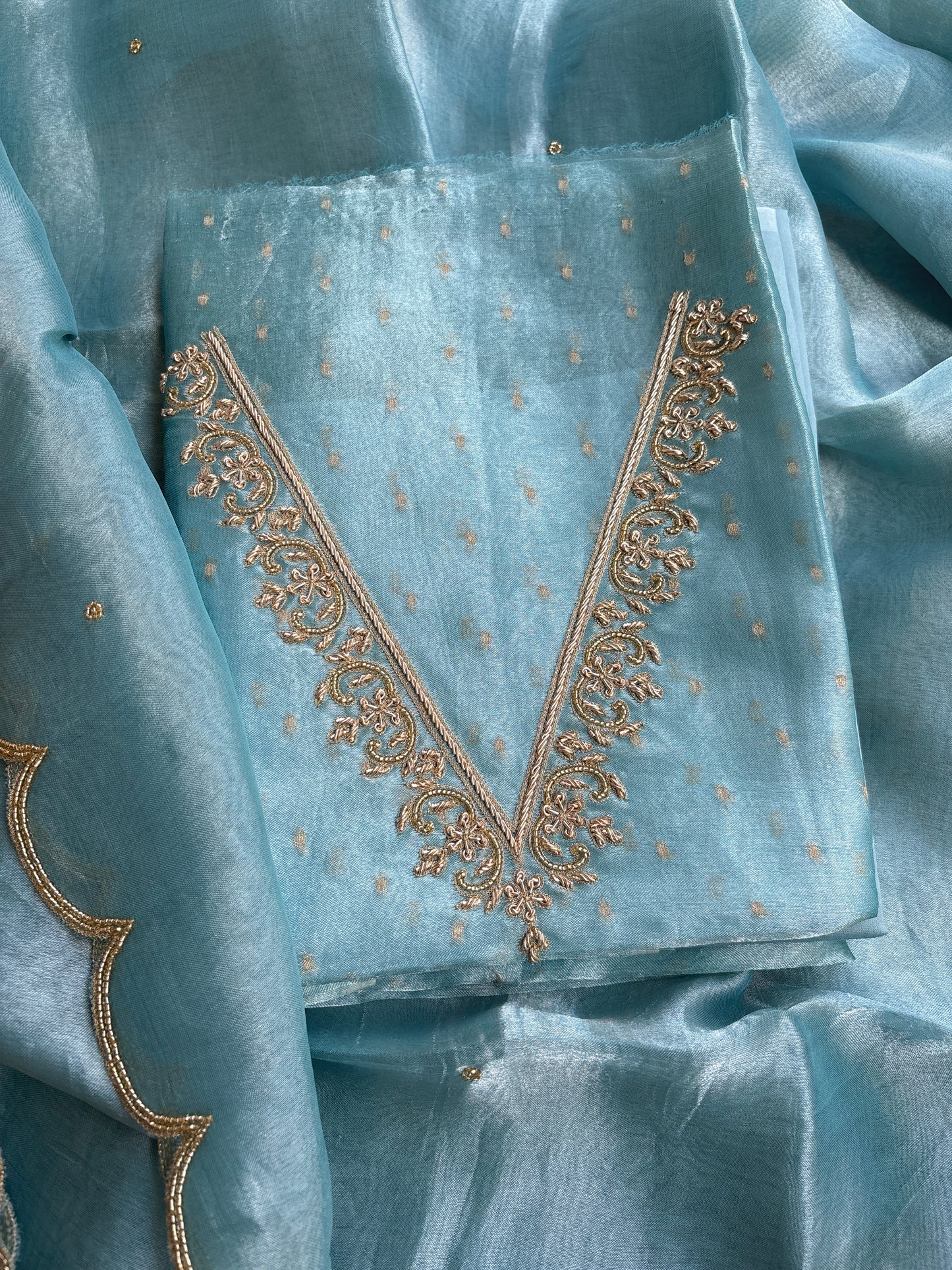Blue tissue embroidered suit set