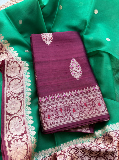 Wine kurta with green kora silk dupatta