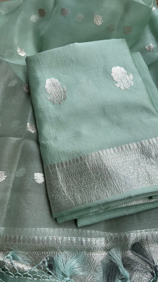 Pastel green pure silver chiniya silk suit, kora silk dupatta, plain silk bottom.