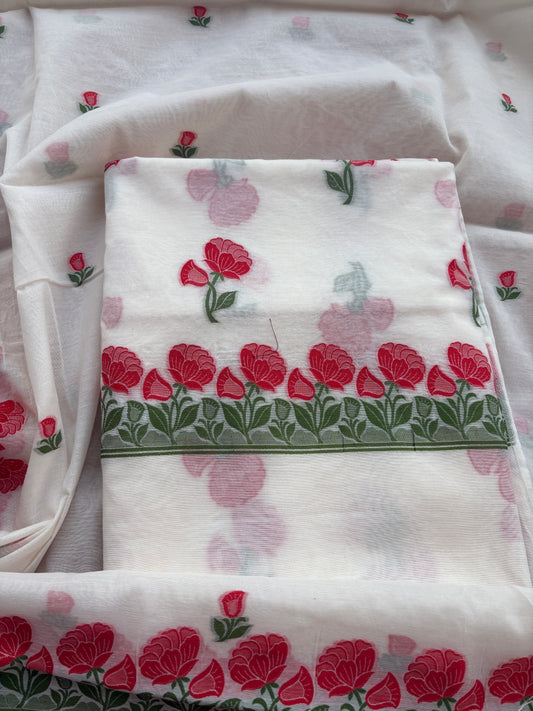 White Chanderi meenadar flower suit set