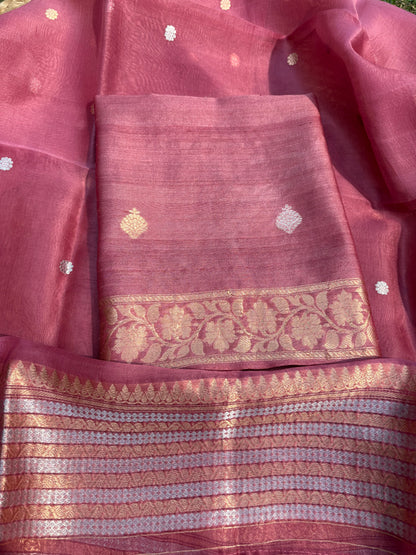 Pink tussar silk kurta, kora silk dupatta, plain silk bottom