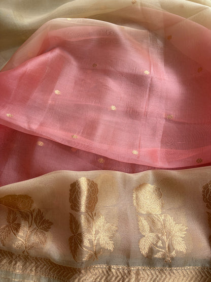 Beige linen silk kurta with kora silk dupatta