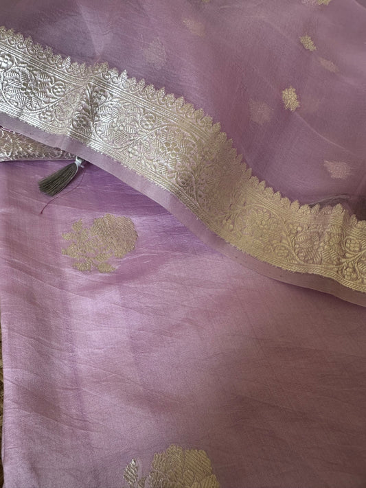 Lavender pure silver zari kurta, kora dupatta,plain bottom.