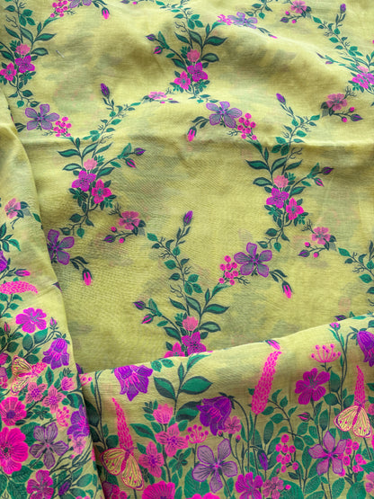Lime green butterfly design Chanderi suit set