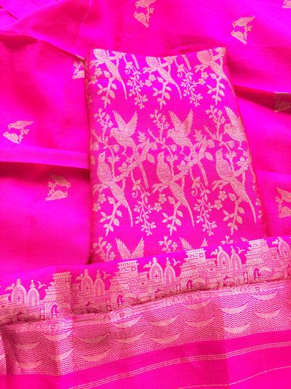 Pink brocade silk suit set with silk bird dupatta