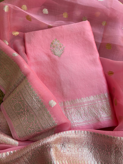 Pink pure silver zari chiniya kurta, kora dupatta, plain silk bottom.