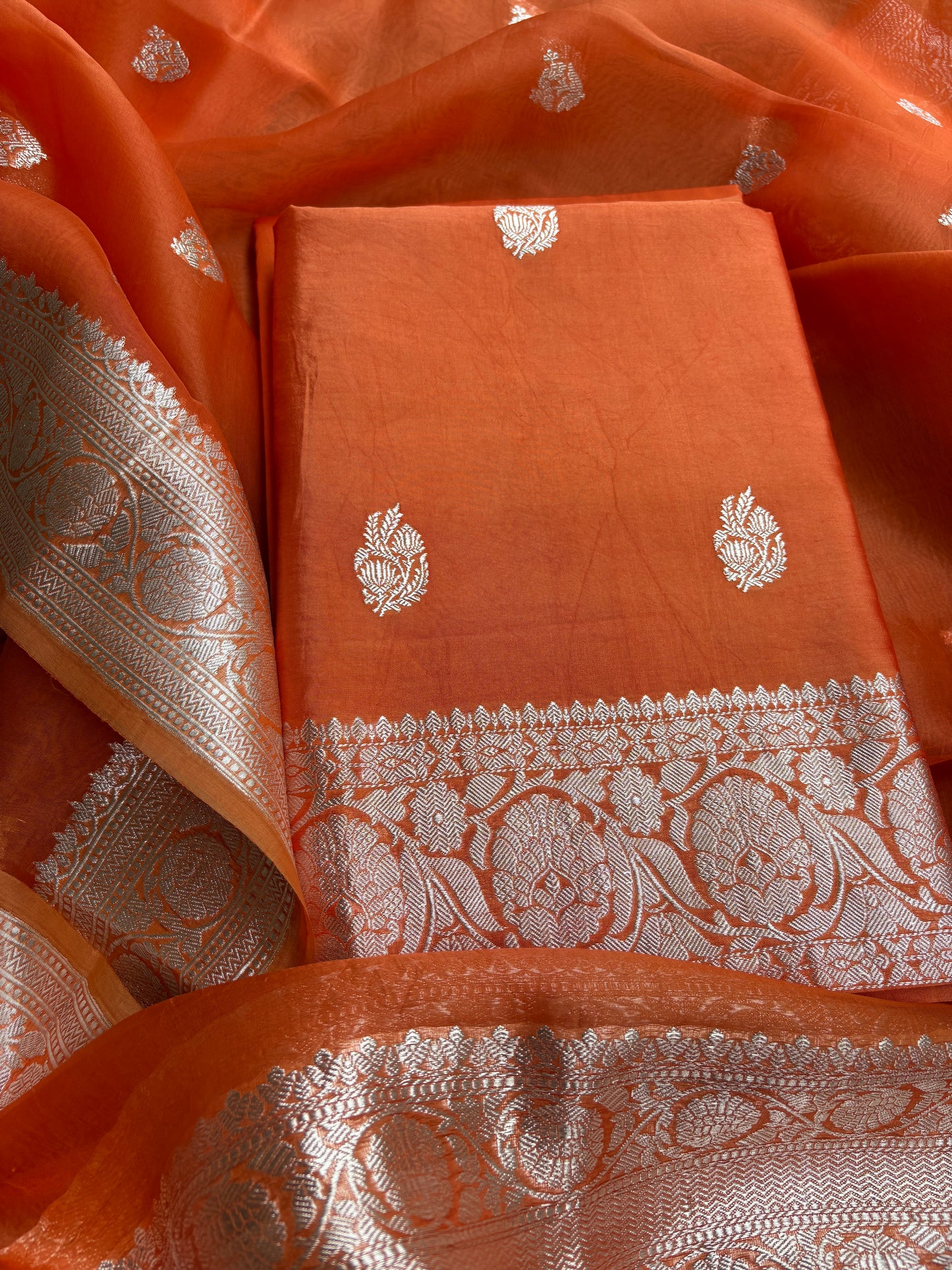 Orange Chiniya kora silver zari suit set
