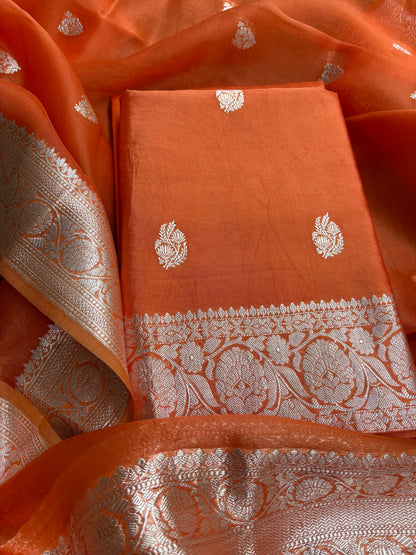 Orange Chiniya kora silver zari suit set