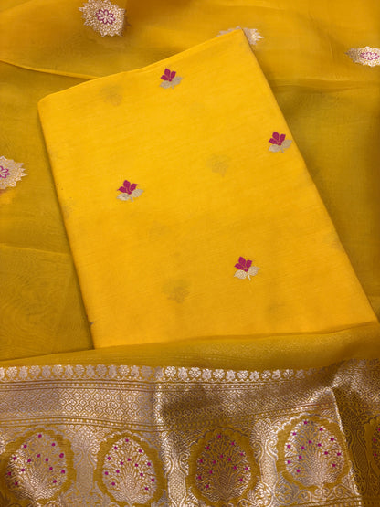 Yellow Chiniya silk kurta bottom and kora silk dupatta