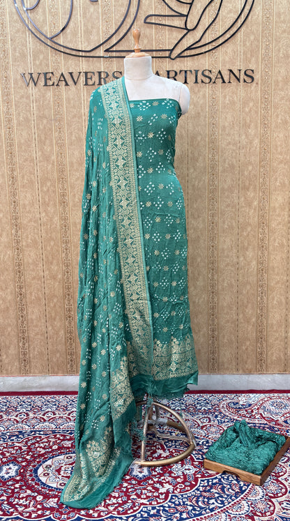 Green bandhani suit set with zari border